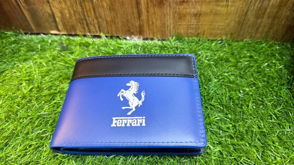 Ferrari Blue & Black Leather Wallet for Men – Bi-Fold Card Holder
